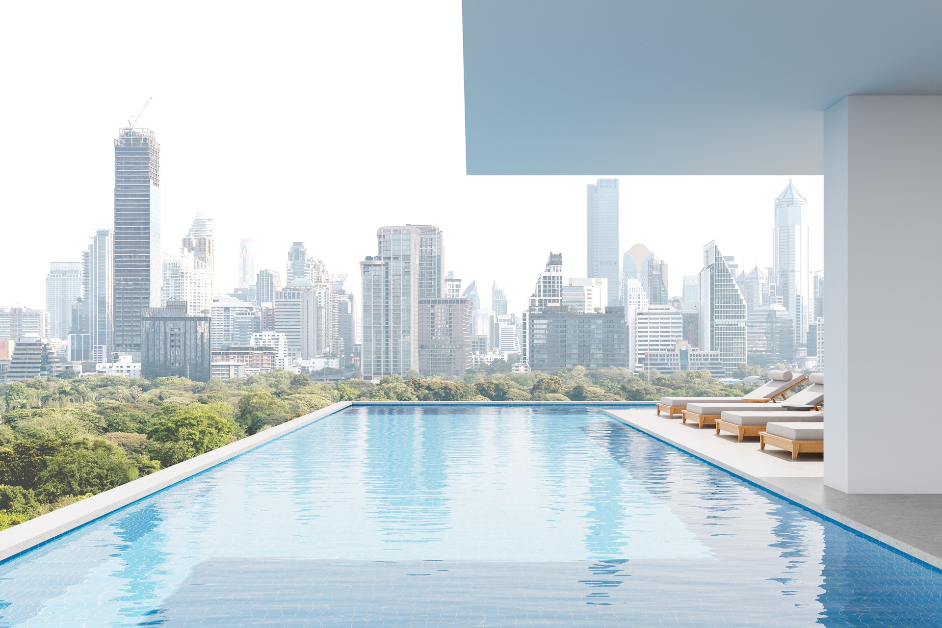 Rooftop infinity pool with modern exterior design and city skyline view featuring luxury lounge chairs and serene atmosphere. 3D Rendering